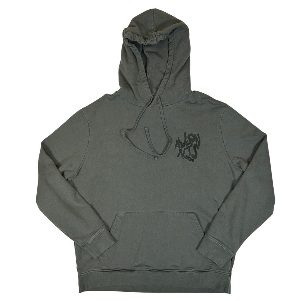 AllSaints London Graphic Logo Hoodie Olive Grey Organic Cotton Mens Medium